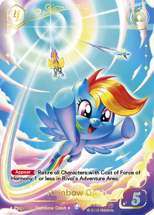 Rainbow Dash SD01-CR05 Colorful Rare My Little Pony TCG card, Pegasus doing a Sonic Rainboom with the Wonderbolts