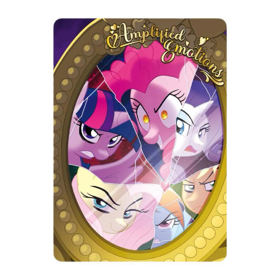 My Little Pony Amplified Emotions promo card MLPE-PR-002, cracked-mirror art of the Mane Six in an ornate gold frame