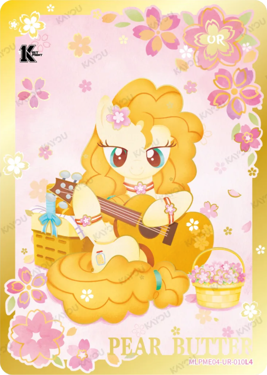 Pear Butter UR card MLPME04-UR-010L4, My Little Pony Kayou 1st Print single: Pear Butter strumming her guitar among cherry blossoms