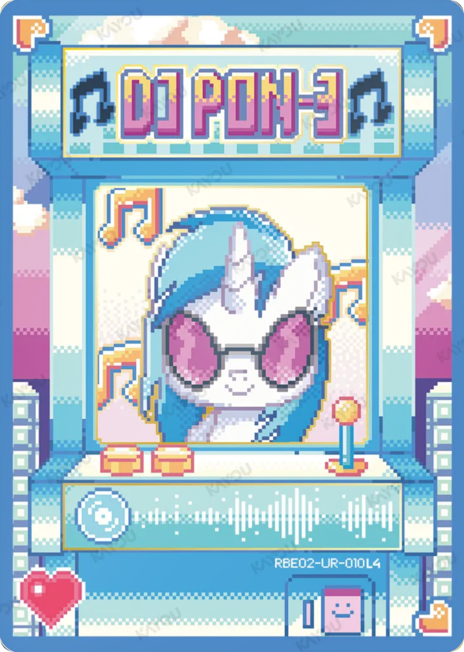DJ Pon-3 UR card RBE02-UR-010L4, My Little Pony Kayou single: DJ Pon-3 in pink shades inside a pixel-art retro arcade cabinet with music notes