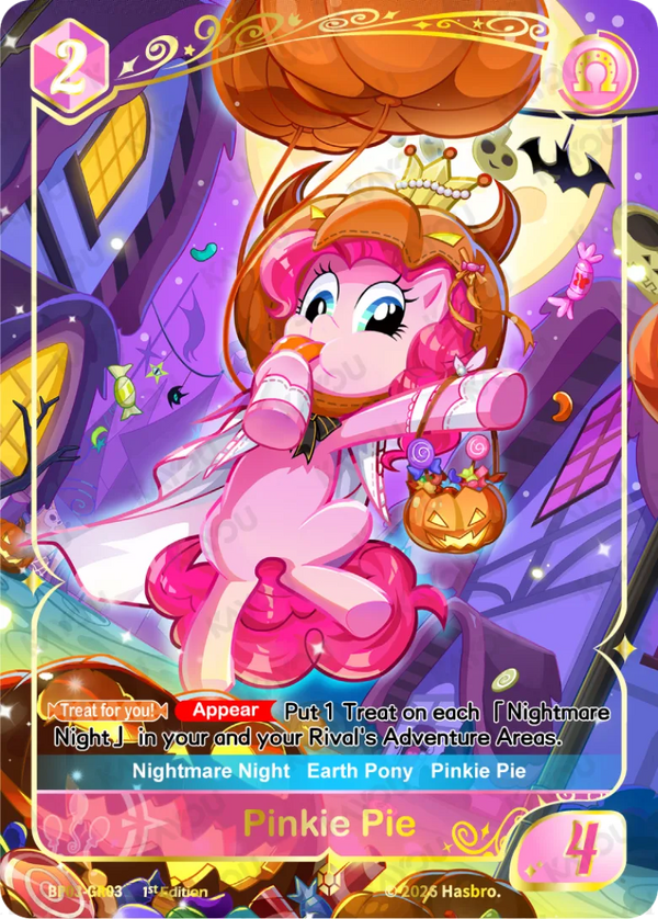Pinkie Pie Gold Rare card, My Little Pony TCG Nightmare Night BP03-GR03, in a crowned pumpkin costume floating on a pumpkin balloon