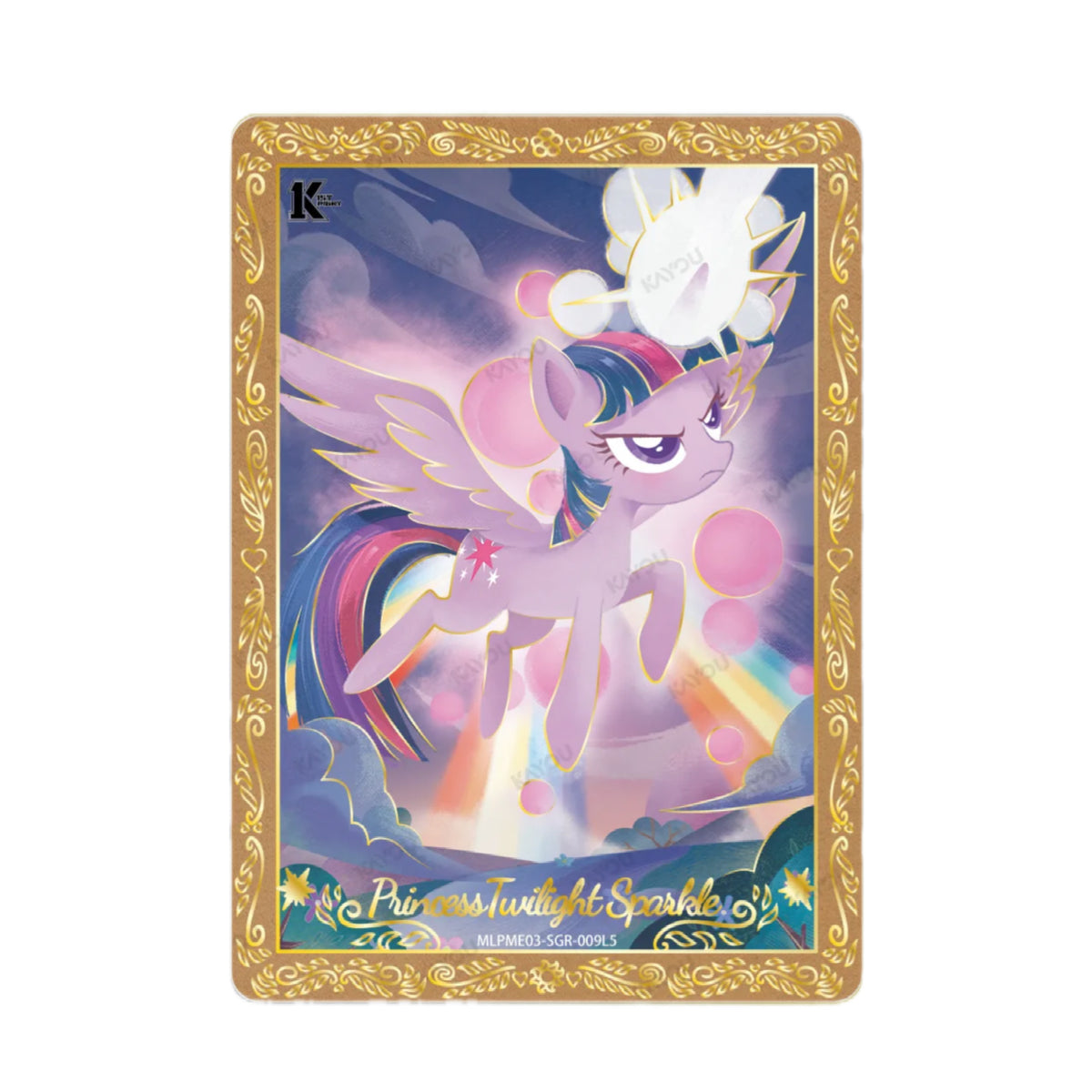 Princess Twilight Sparkle SGR card MLPME03-SGR-009L5, My Little Pony Kayou 1st Print single — alicorn Twilight flying through pastel clouds with rainbow light beams and an ornate gold filigree border