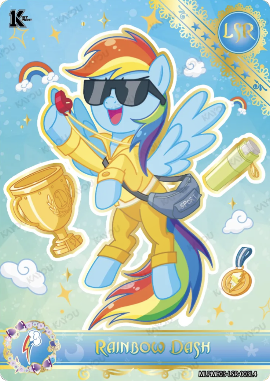 Rainbow Dash LSR card MLPME03-LSR-003L4, My Little Pony Kayou 1st Print single: Rainbow Dash in sunglasses and a yellow tracksuit with a whistle, trophy and gold medal