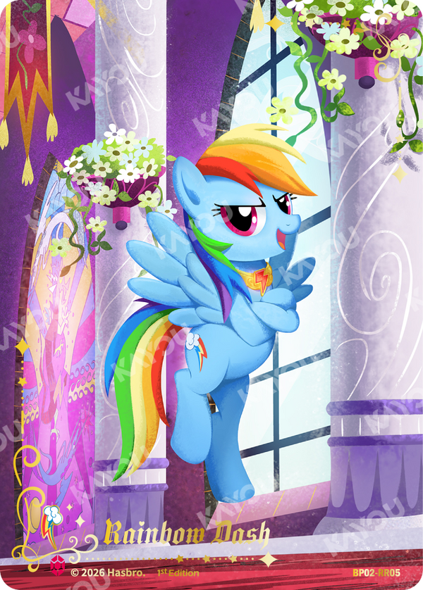 Rainbow Dash Ruby Rare card, My Little Pony TCG BP02-RR05, full-art in a stained-glass castle hall