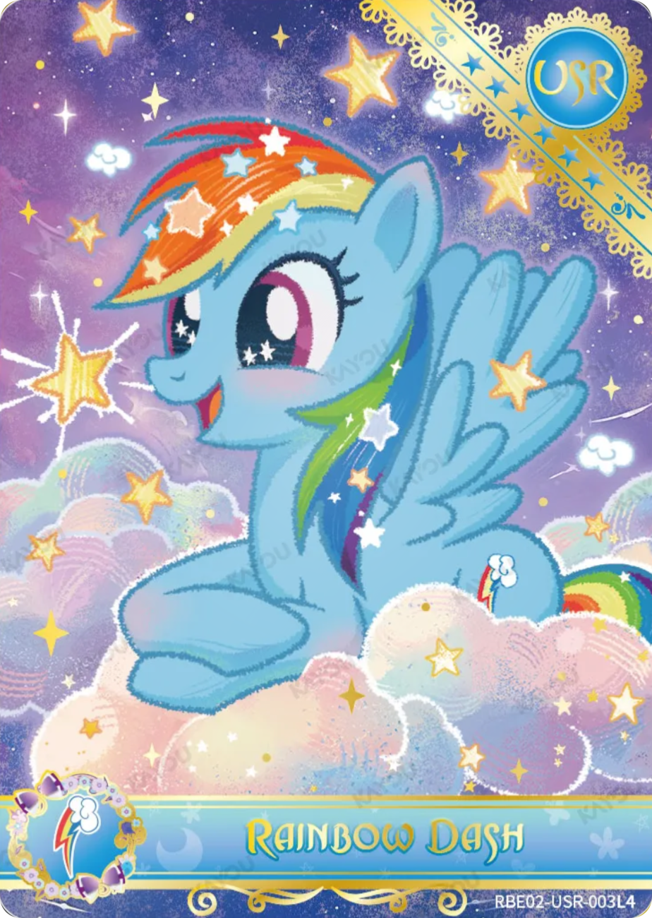 Rainbow Dash USR card RBE02-USR-003L4, My Little Pony Kayou single: Crayon-textured Rainbow Dash resting on pastel clouds under a starry sky, gold lace corner