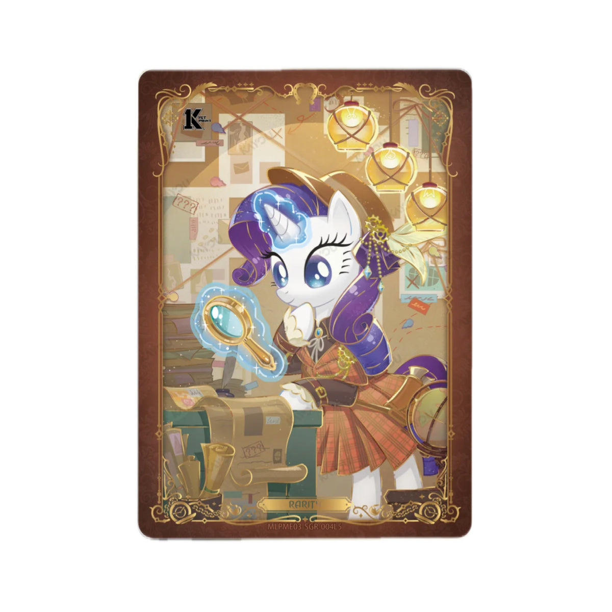 My Little Pony Kayou Rarity SGR card MLPME03-SGR-004L5 – detective Rarity with a golden magnifying glass in a gold ornate frame