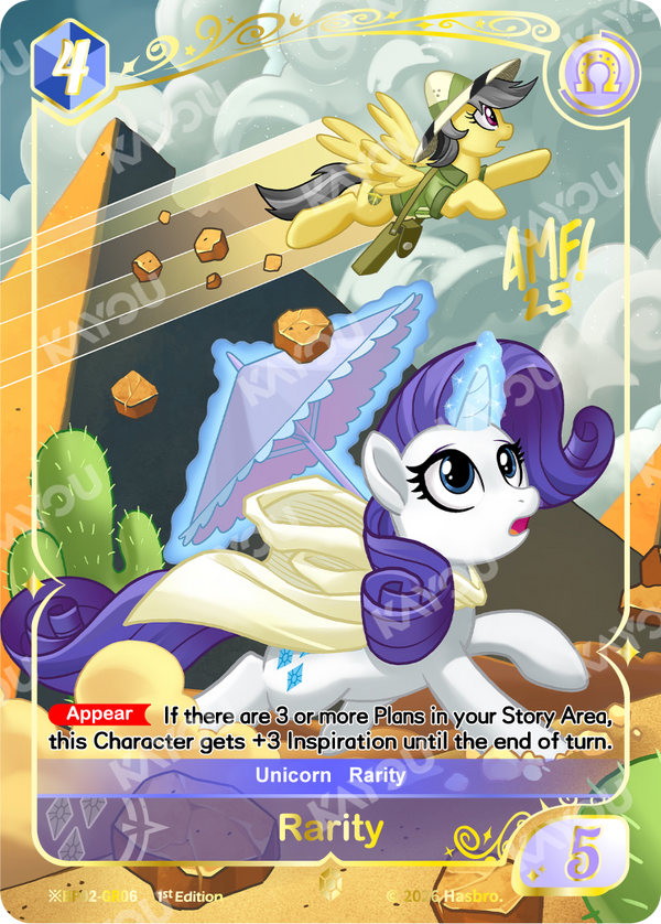 Rarity Shining Gold Rare signed card, My Little Pony TCG BP02-GR06, with a magic parasol and Daring Do in the desert