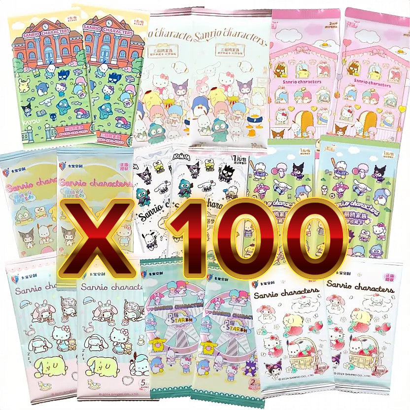 Sanrio booster pack bundle of 100 mixed packs from Kayou, KAMAM, Vancards and Kabao featuring Hello Kitty, Kuromi and friends