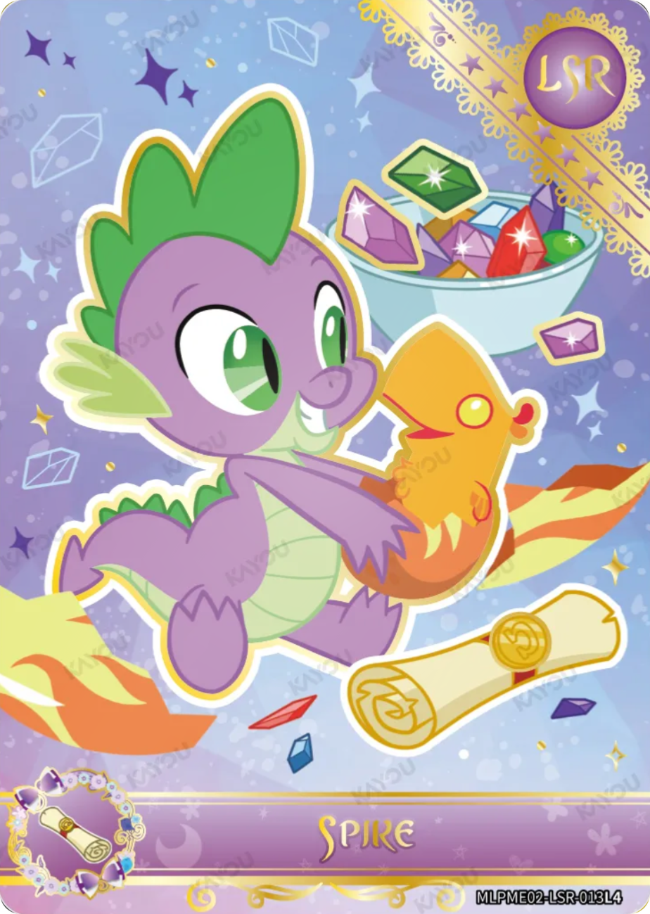 Spike LSR card MLPME02-LSR-013L4, My Little Pony Kayou single: Spike hugging a rubber duck beside a bowl of gems and a scroll, gold lace corner