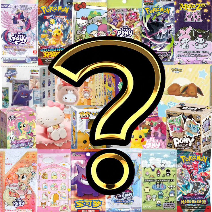 Mystery Bundles collection featuring Pokémon, My Little Pony and Sanrio booster packs, blind boxes and collectible figures
