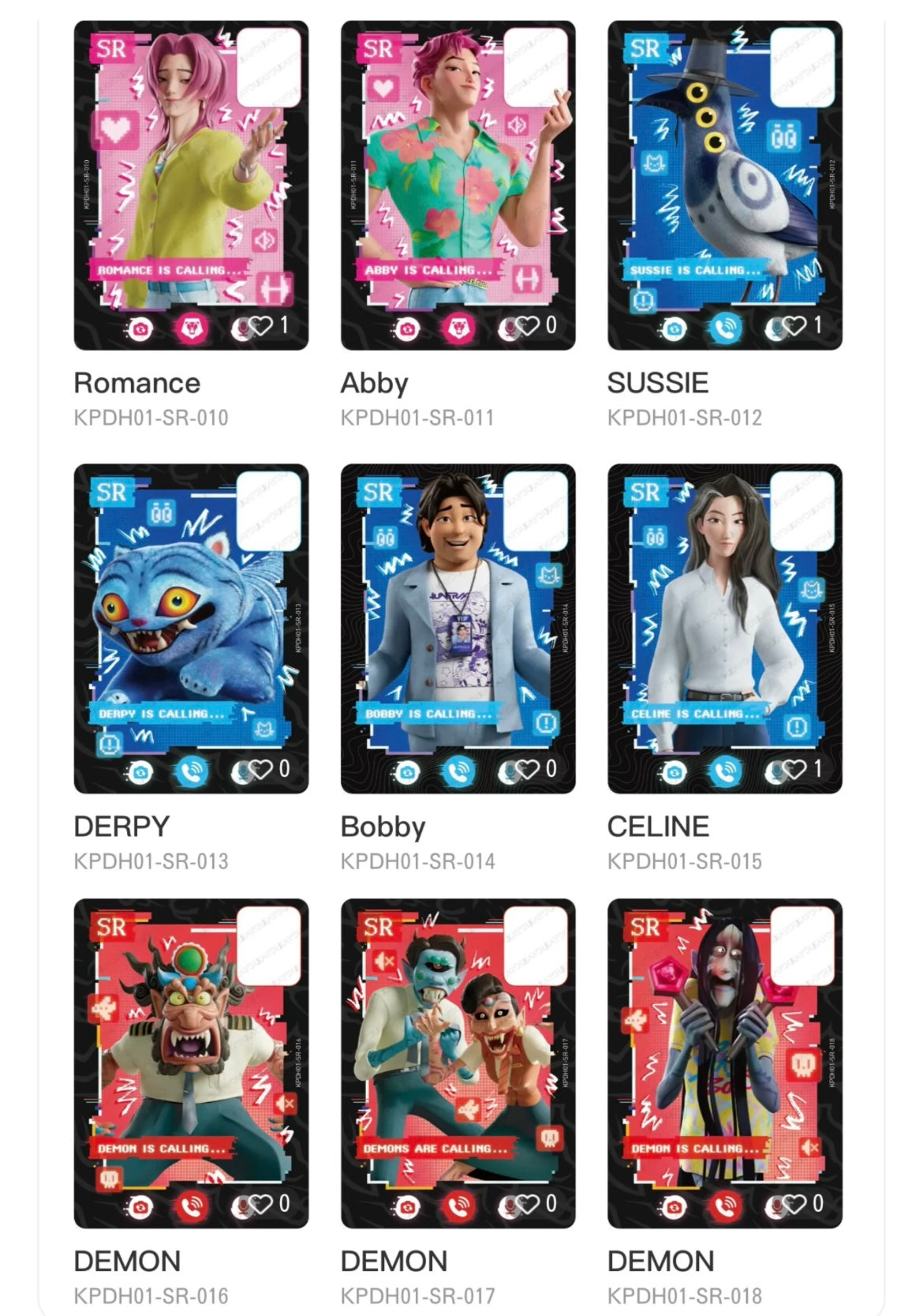 K-Pop Demon Hunters SR cards featuring Rumi, Mira, Zoey, Jinu, Baby and Mystery