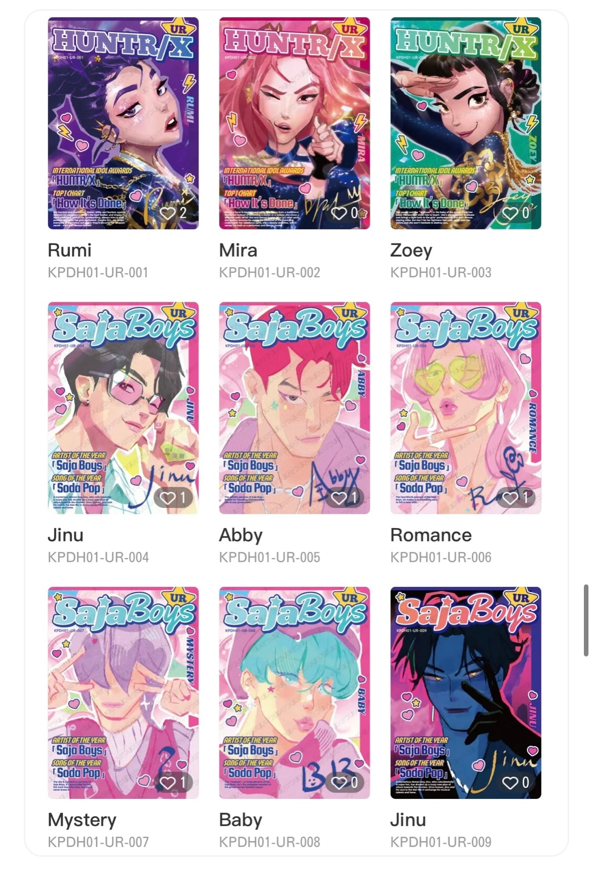 K-Pop Demon Hunters UR cards featuring HUNTR/X and Saja Boys magazine covers