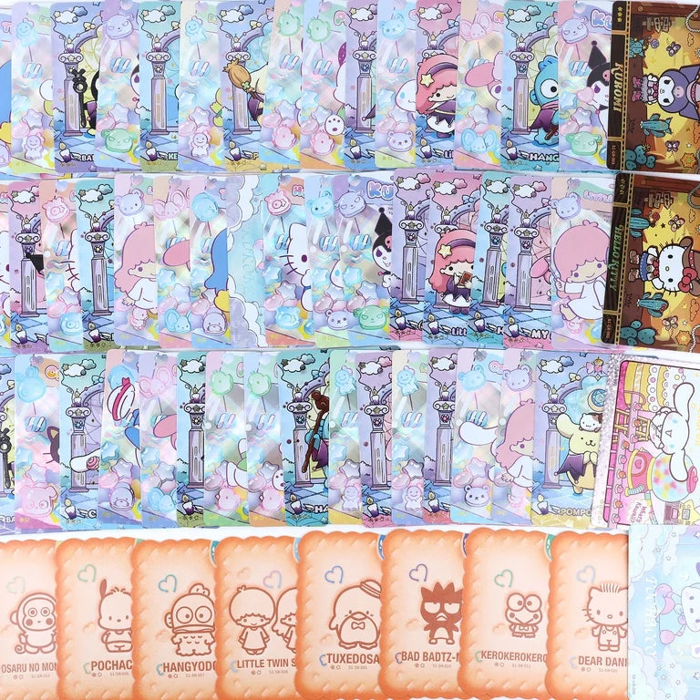 Full display of Sanrio Characters Flashy Dream Series card collection showing R, SR, QR and holographic rarity tiers