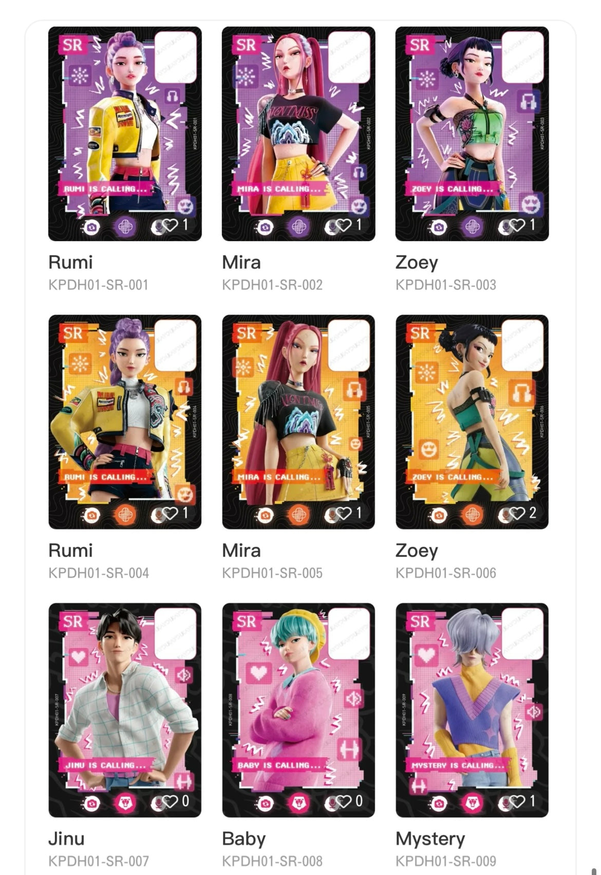 K-Pop Demon Hunters SR cards featuring Romance, Abby, Sussie, Derpy, Bobby, Celine and demons