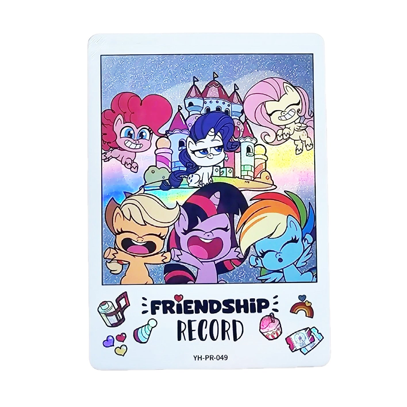 My Little Pony Friendship Record promo card YH-PR-049, chibi Mane Six gathered around a rainbow castle, holographic