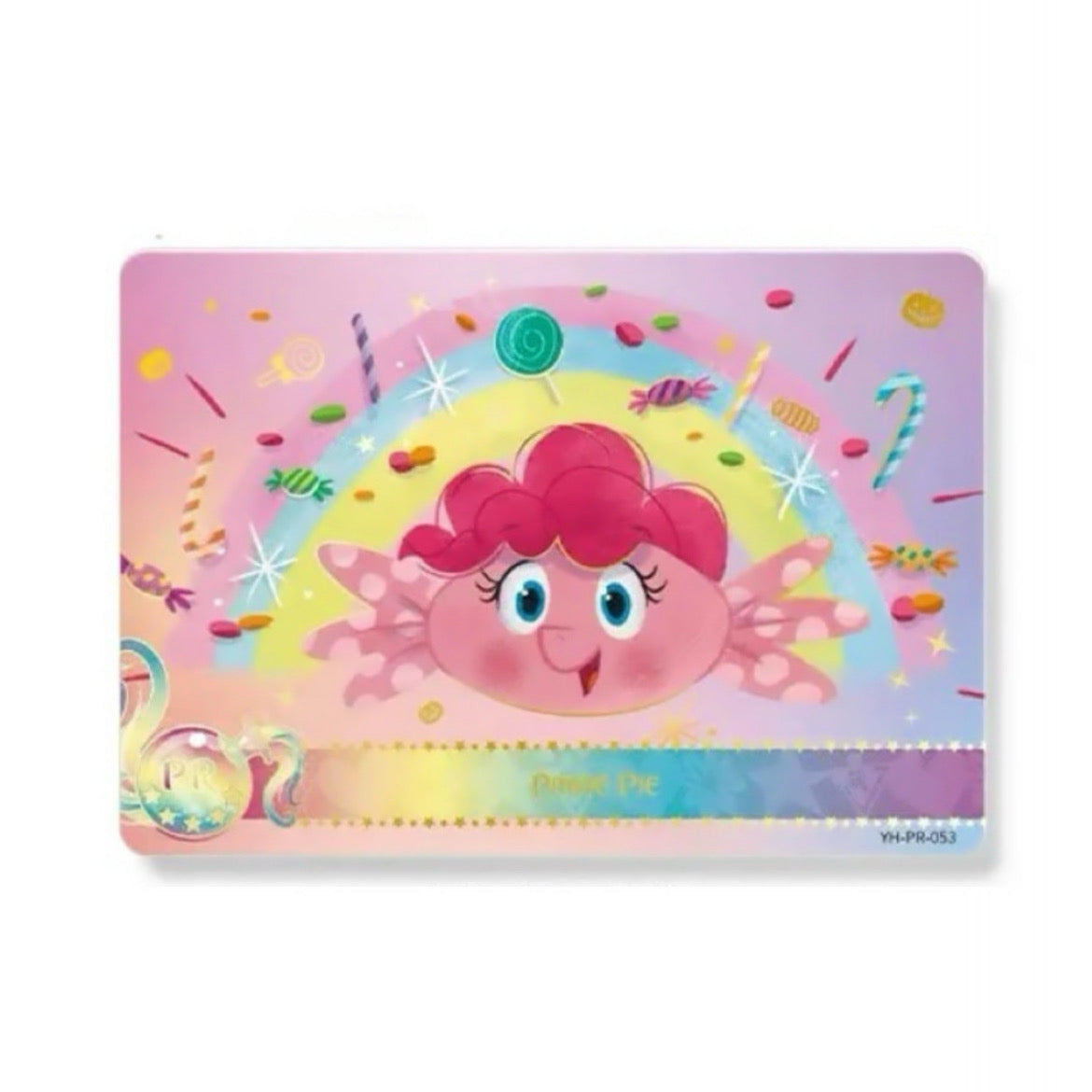 My Little Pony Pinkie Pie promo trading card YH-PR-053, holographic, showing Pinkie Pie with pink curls and butterfly wings framed by a candy-filled rainbow