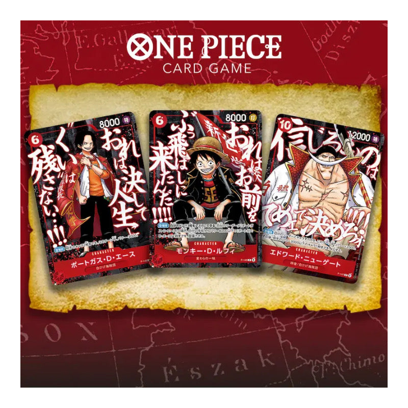One Piece Card Game promo cards Monkey D. Luffy, Portgas D. Ace and Edward Newgate