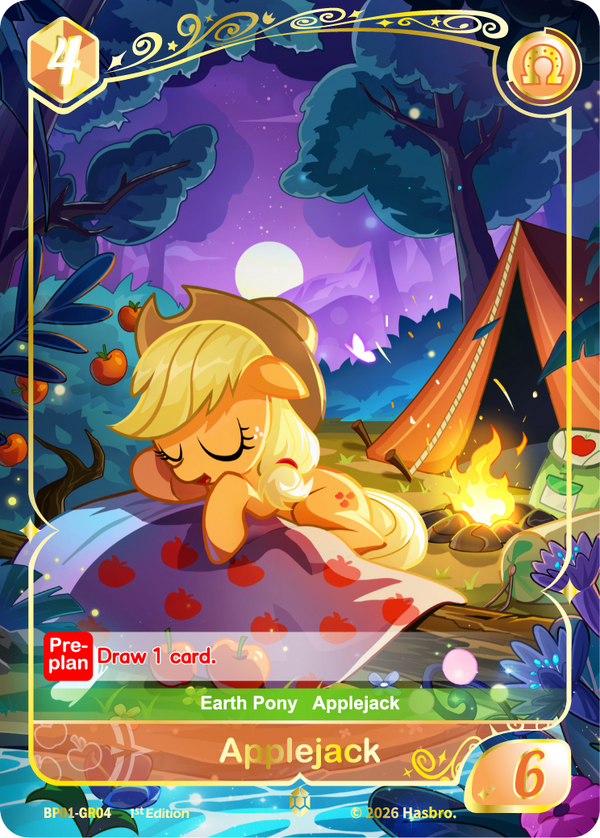 Applejack Gold Rare card, My Little Pony TCG BP01-GR04, resting at a moonlit campsite