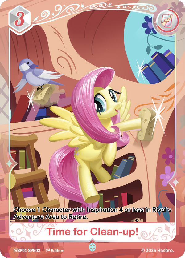 Time for Clean-up! Shining Sapphire Rare event card, My Little Pony TCG BP01-SPR02, featuring Fluttershy