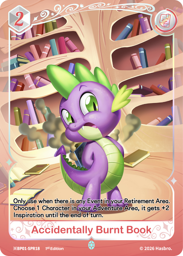 Accidentally Burnt Book Shining Sapphire Rare event card, My Little Pony TCG BP01-SPR18, featuring Spike