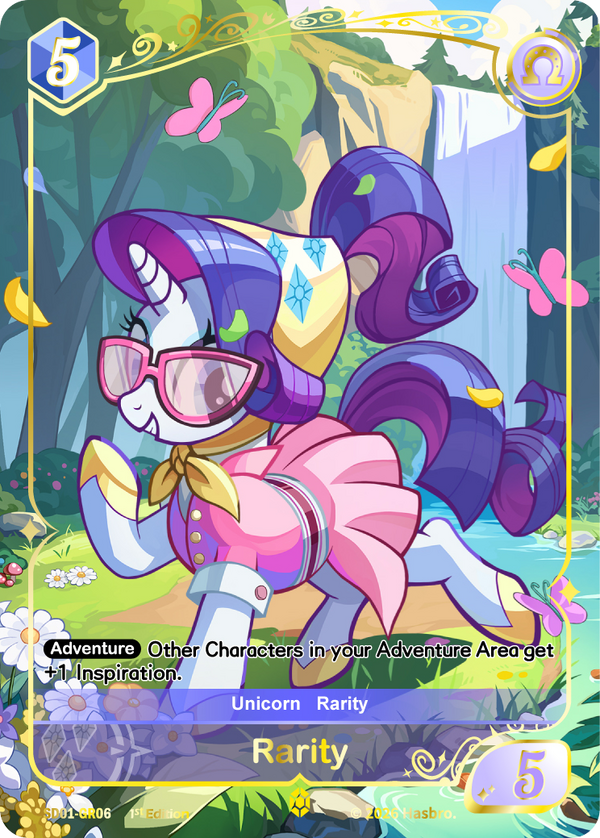 Rarity Gold Rare card, My Little Pony TCG SD01-GR06, posing by a forest waterfall