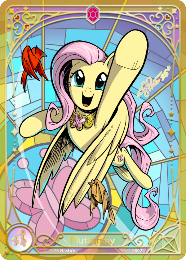 Fluttershy Ruby Rare full-art card, My Little Pony TCG SD01-RR02, stained-glass style