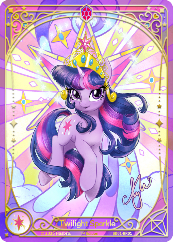 Twilight Sparkle Shining Ruby Rare full-art card, My Little Pony TCG SD01-RR01, stained-glass style