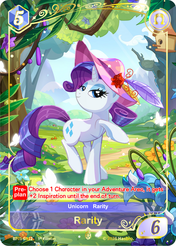 Rarity Gold Rare card, My Little Pony TCG BP01-GR12, in a rose-trimmed sun hat on a forest path