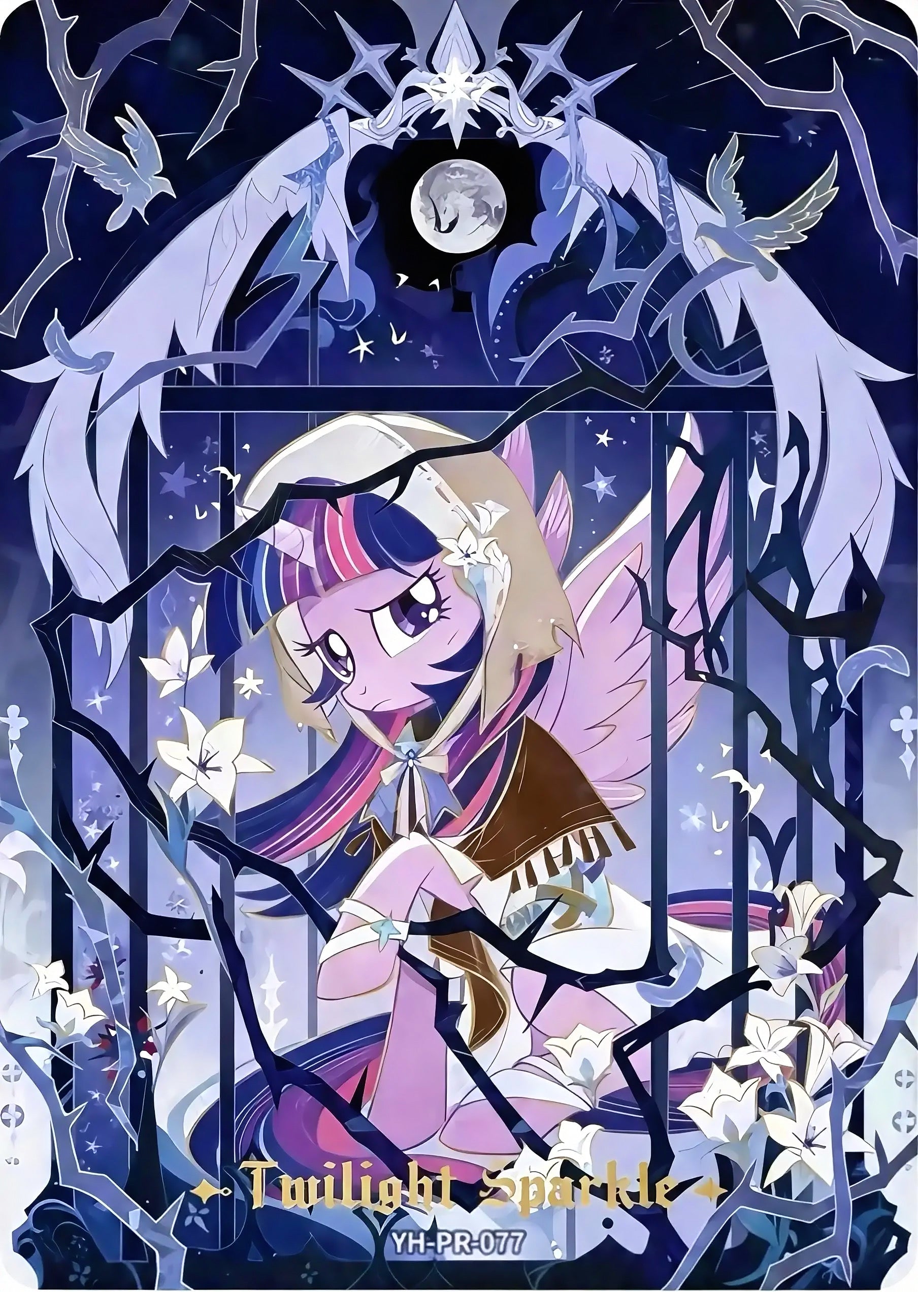 Twilight Sparkle full-art promo card, My Little Pony TCG, YH-PR-077, moonlit lily and cage design