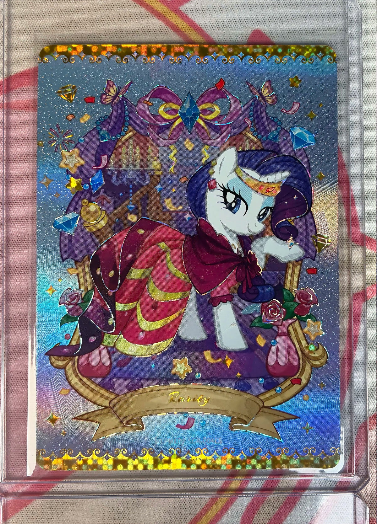 Rarity collectible card, My Little Pony MLPME02-SGR-004, ball-gown full-art with jewels