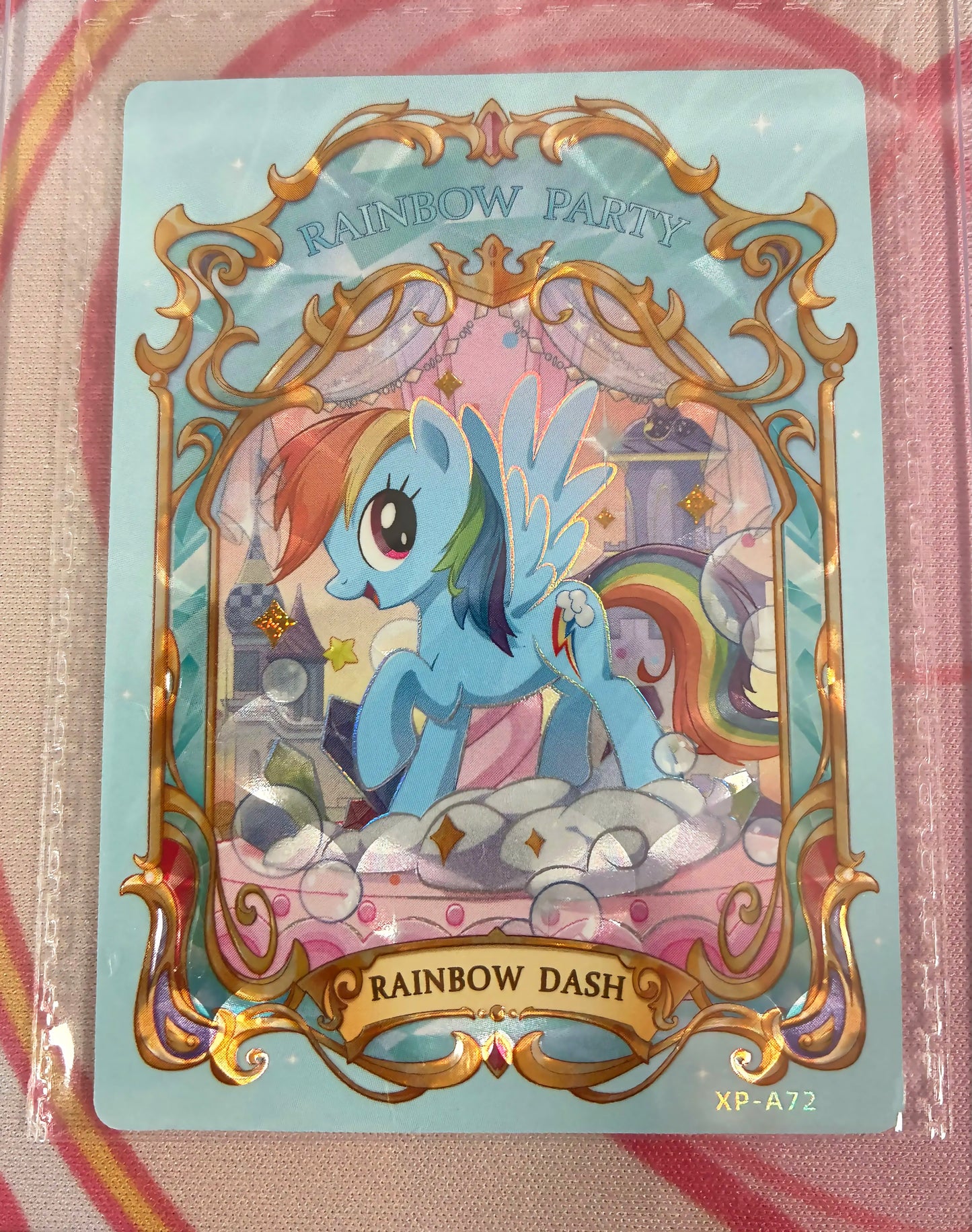 Rainbow Dash Rainbow Party collectible card, My Little Pony XP-A72, ornate gold-framed holographic art