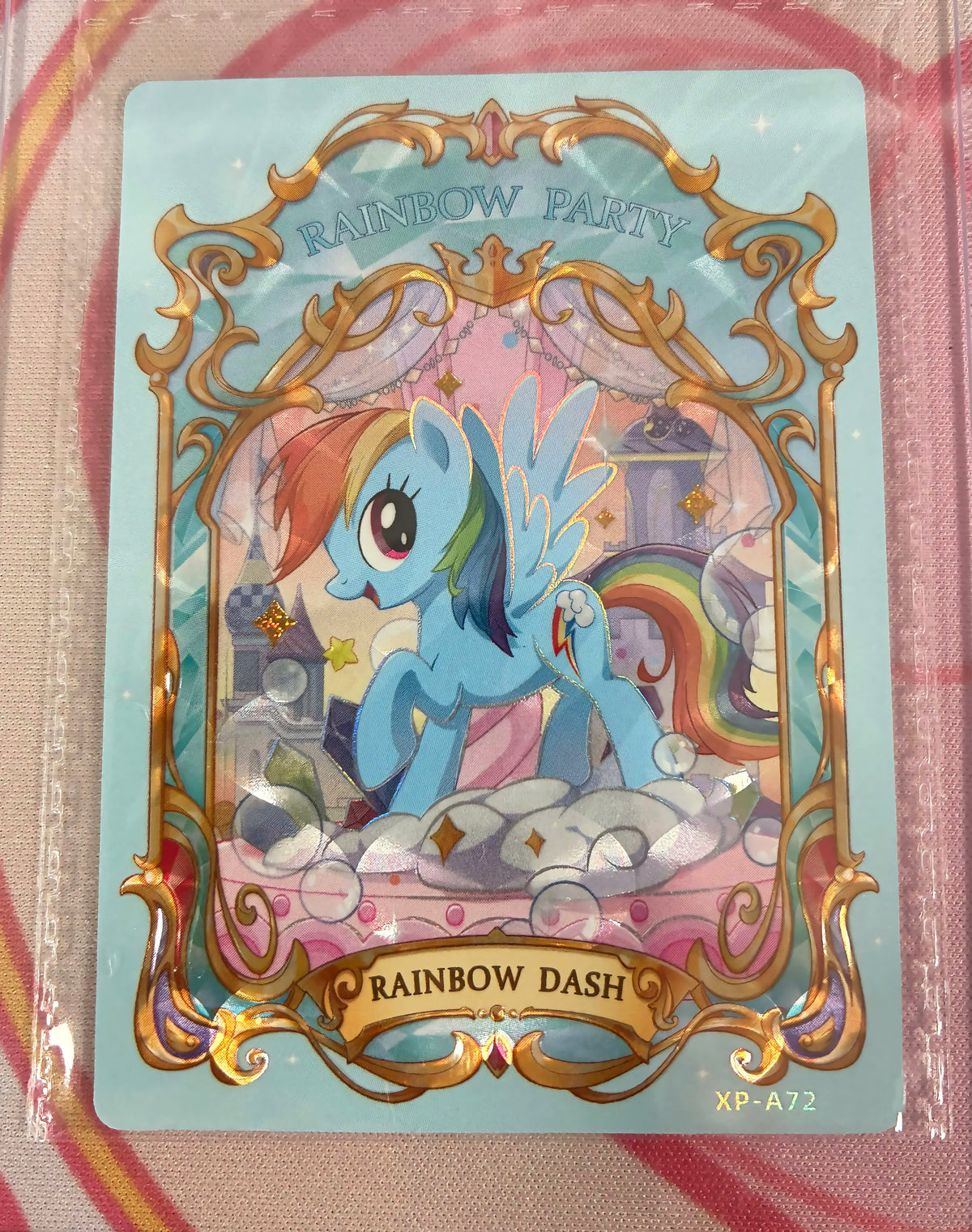 Rainbow Dash Rainbow Party collectible card, My Little Pony XP-A72, ornate gold-framed holographic art