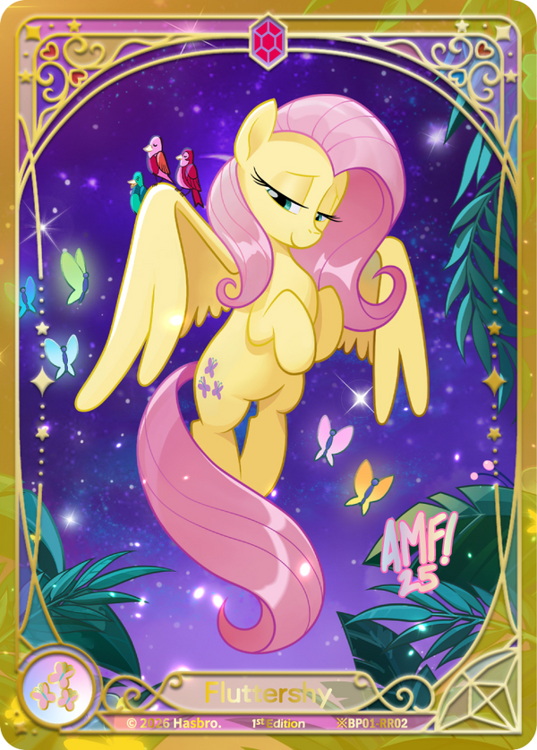 Fluttershy Shining Ruby Rare card, My Little Pony TCG BP01-RR02, ornate art-nouveau full-art with songbirds and butterflies