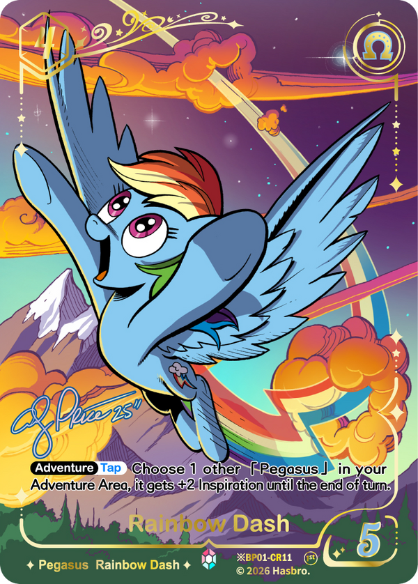 Rainbow Dash Shining Colorful Rare card, My Little Pony TCG BP01-CR11, signed full-art flying over a rainbow