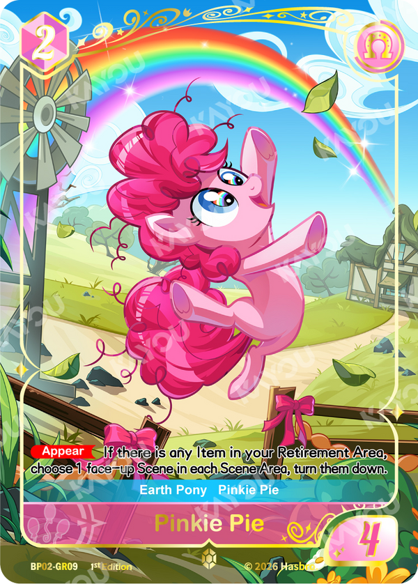 Pinkie Pie Gold Rare card, My Little Pony TCG BP02-GR09, leaping under a rainbow by a windmill