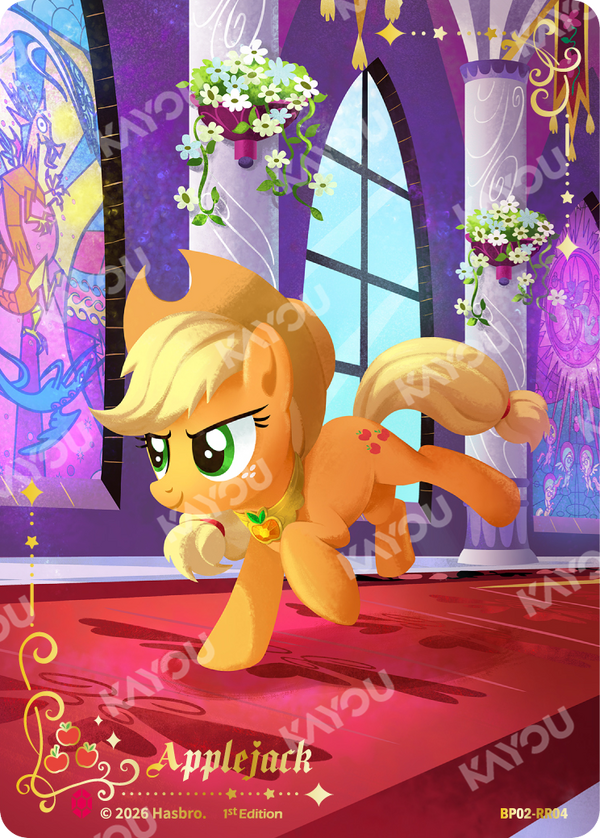 Applejack Ruby Rare card, My Little Pony TCG BP02-RR04, full-art in a stained-glass cathedral
