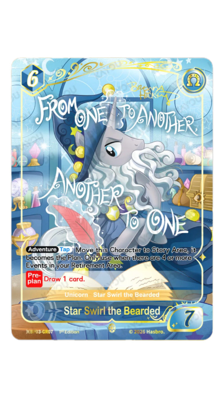 Star Swirl the Bearded Shining Gold Rare card, My Little Pony TCG Nightmare Night ※BP03-GR07, in his study with a quill and 'From one to another, another to one' lettering