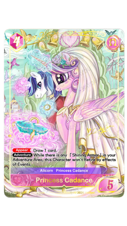 Princess Cadance Shining Gold Rare card, My Little Pony TCG Nightmare Night ※BP03-GR12, painted wedding scene with Shining Armor, golden bells and songbirds