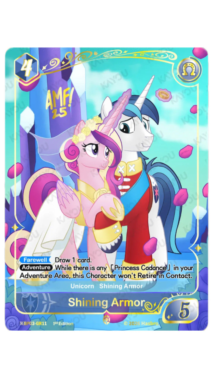 Shining Armor Shining Gold Rare card, My Little Pony TCG Nightmare Night ※BP03-GR11, with Princess Cadance on their wedding day in the Crystal Empire among rose petals