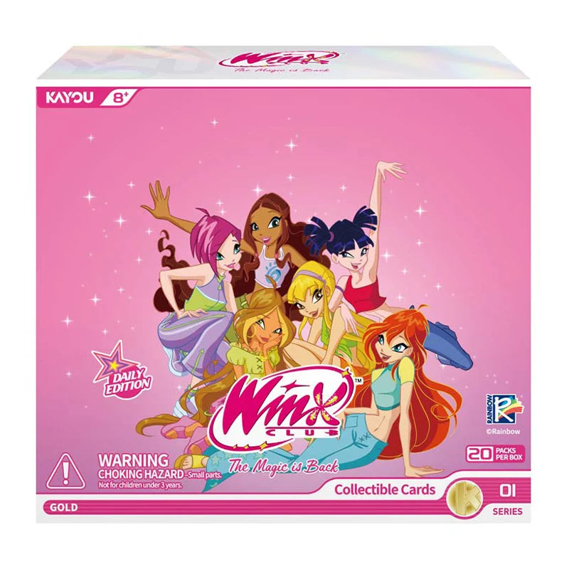 Winx Club Daily Edition Series 1 Gold booster box front with Bloom, Stella, Flora, Musa, Tecna and Aisha