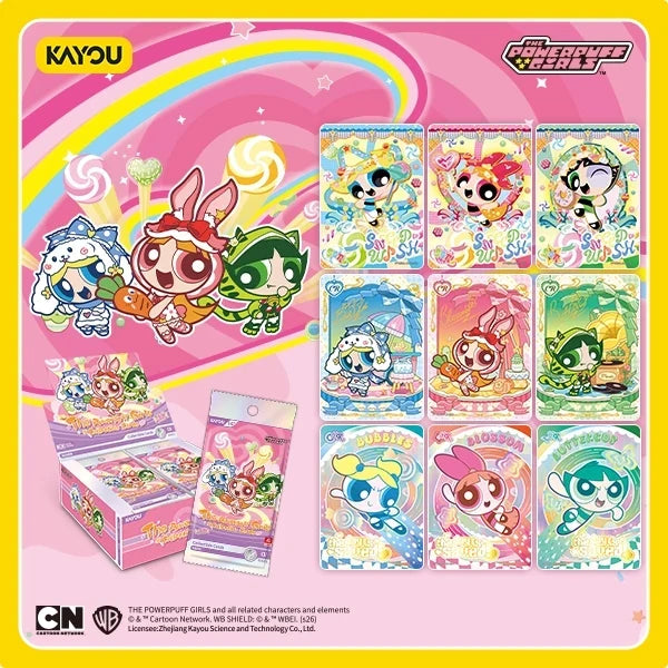 Kayou Powerpuff Girls Candy Edition 1 booster box and pack with a lineup of rare Blossom, Bubbles and Buttercup cards