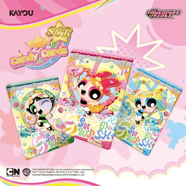 Powerpuff Girls Candy Edition 1 SCR Candy cards of Blossom, Bubbles and Buttercup, the top chase rarity