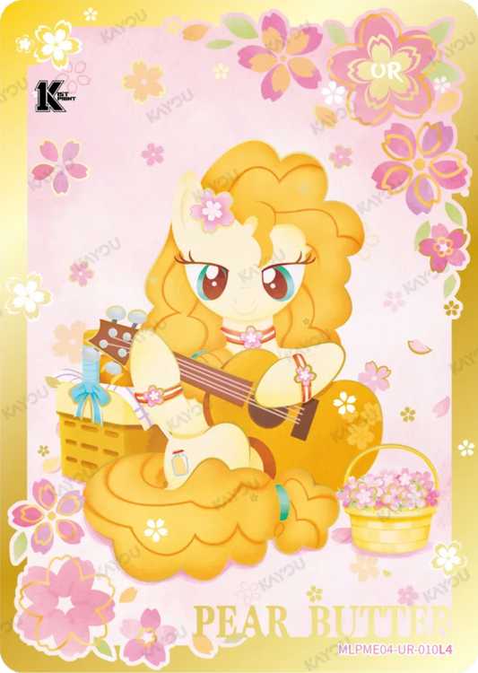 Pear Butter UR card MLPME04-UR-010L4, My Little Pony Kayou 1st Print single: Pear Butter strumming her guitar among cherry blossoms