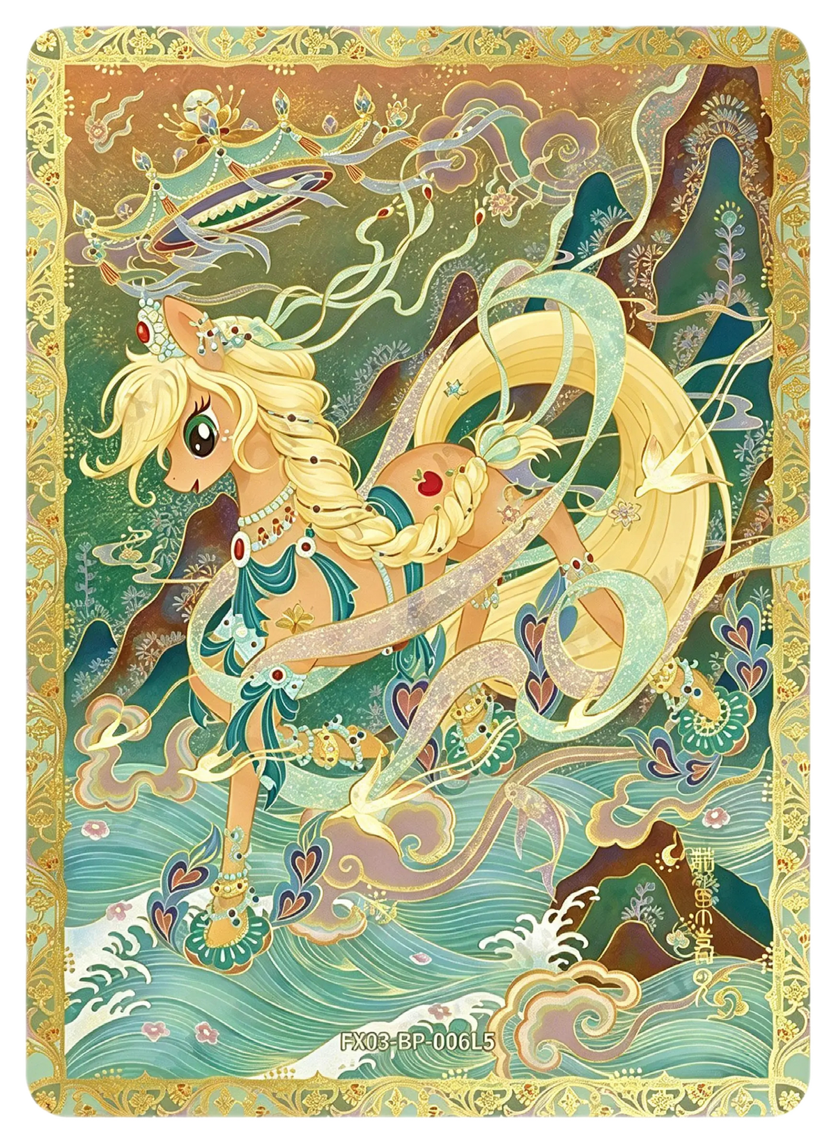 Applejack BP card FX03-BP-006L5, My Little Pony Kayou Star Edition 3 Chinese single: mural-style Applejack striding through jade waves and clouds