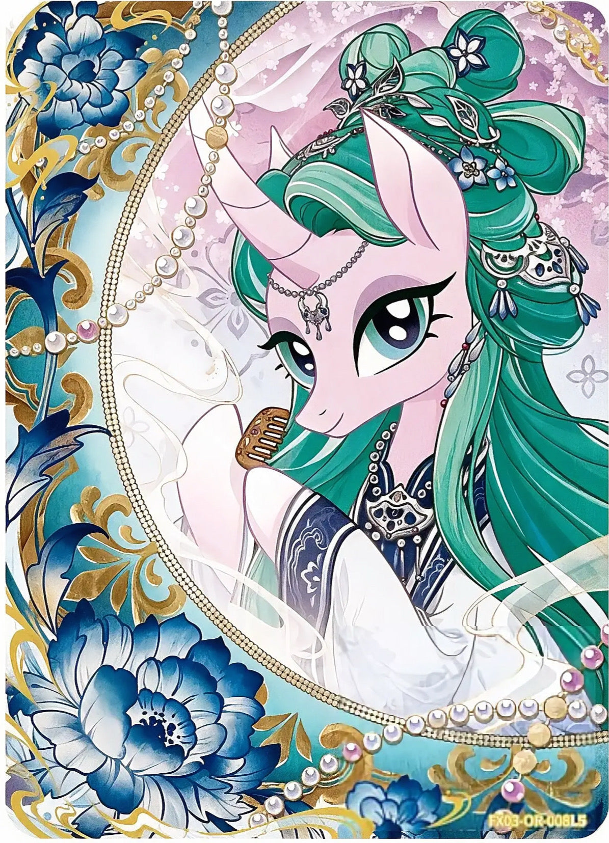 Mistmane OR card FX03-OR-008L5, My Little Pony Kayou Star Edition 3 Chinese single: Mistmane with jade mane among blue-and-white porcelain peonies