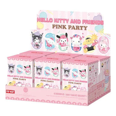 Hello Kitty and Friends Pink Party figure lineup on display bases – POP MART × Sanrio