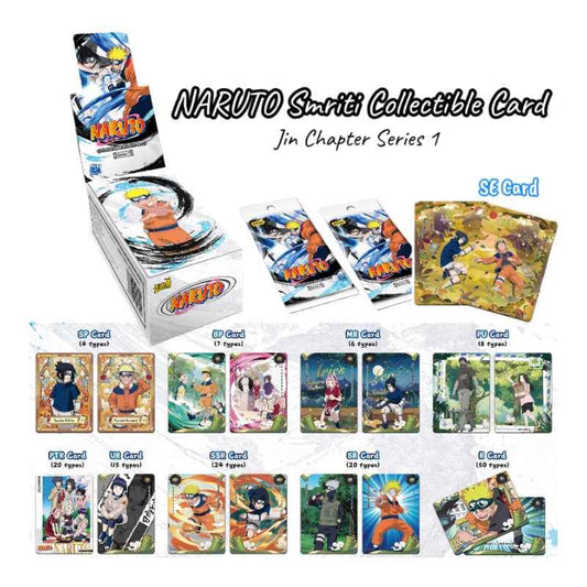 Naruto JIN Chapter Series 1 Platinum Series booster box packaging — 158 card types across 10 rarity levels