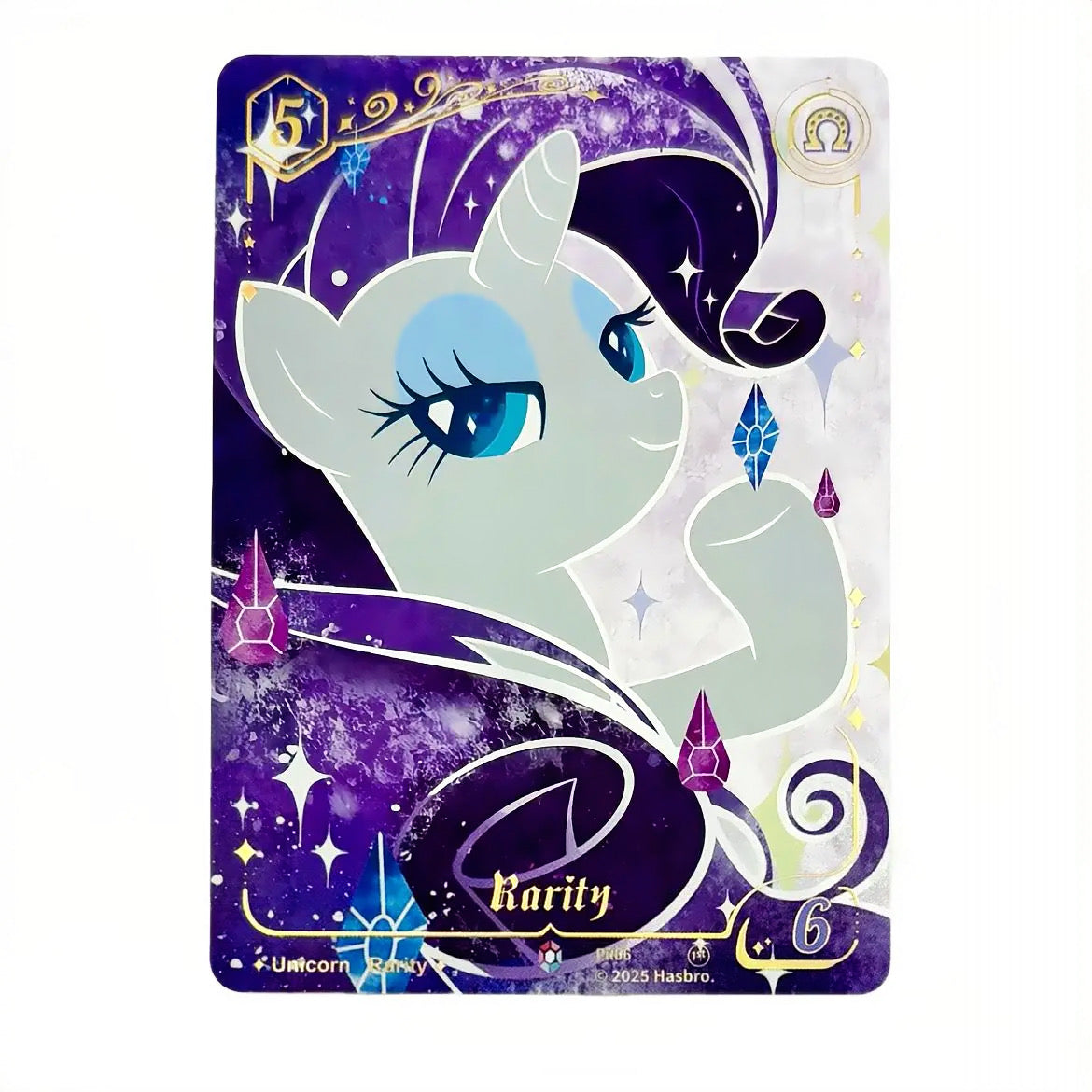 My Little Pony Fantasy Wonderland TCG Rarity promo card PR06 — unicorn on a purple galaxy with gems