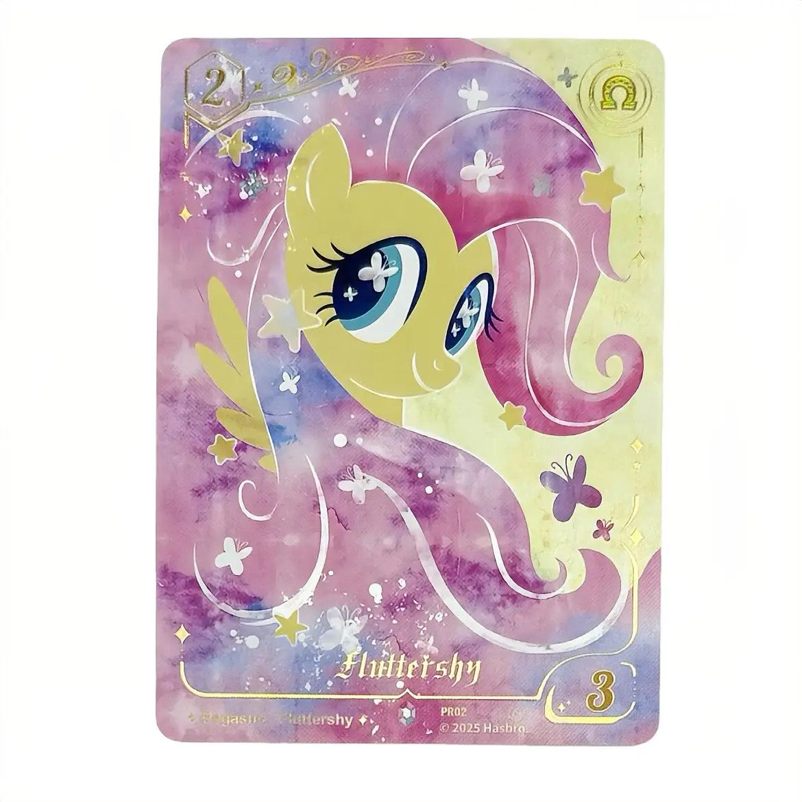 My Little Pony Fantasy Wonderland TCG Fluttershy promo card PR02 — pegasus on a soft pastel butterfly background