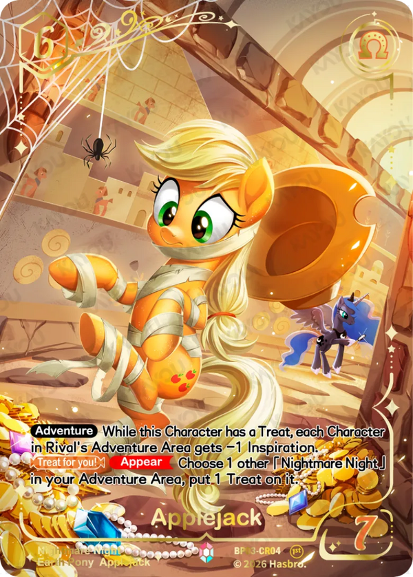 Applejack Colorful Rare card, My Little Pony TCG Nightmare Night BP03-CR04, wrapped as a mummy in a treasure tomb with Princess Luna